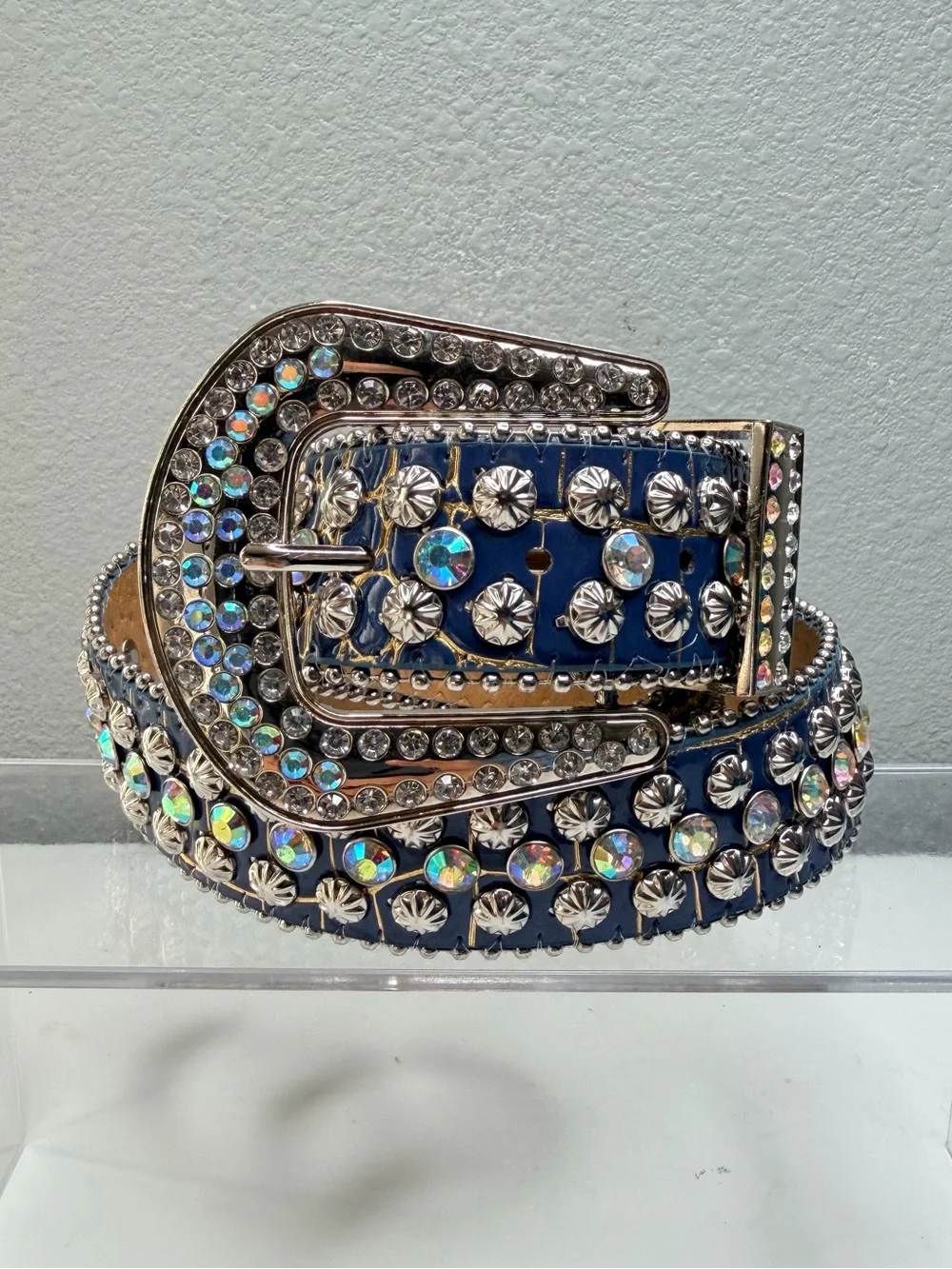 Western Blue Rhinestone Belt Crystal Diamond Studded Faux Leather Cowgirl Belt